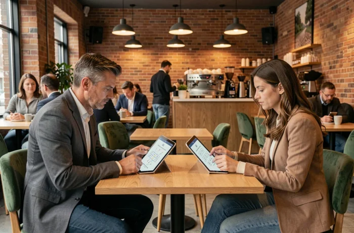 Deux adultes réalisant un test de QI anonyme sur tablette dans un café moderne