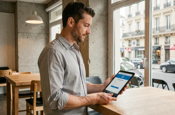 Agent de la ville de Paris utilisant une tablette pour accéder à IntraParis nomade dans un espace de coworking