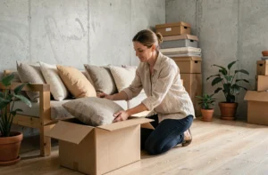 Femme aménageant son salon avec des accessoires de décoration maison dans un appartement rénové