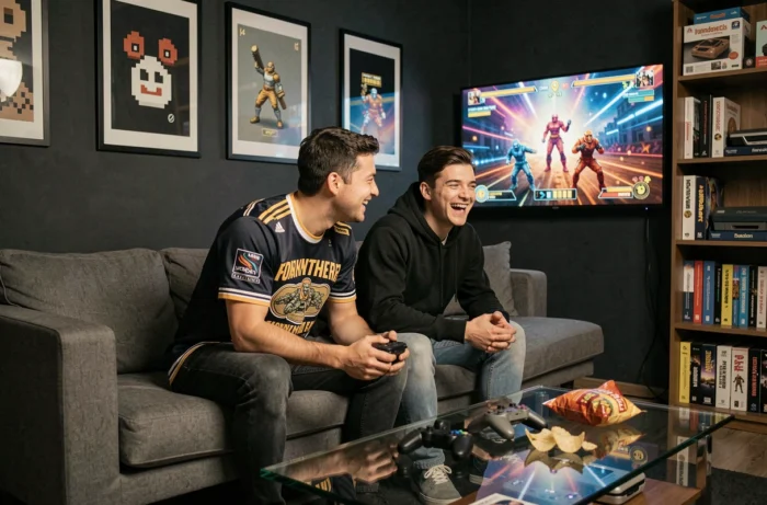 Deux amis jouant aux jeux vidéo dans un salon gaming décoré d'art pixel et de consoles rétro