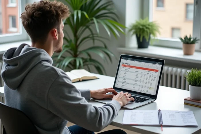 Étudiant analysant ses scores BCE sur ordinateur avec un tableau de pondération des matières dans un appartement moderne