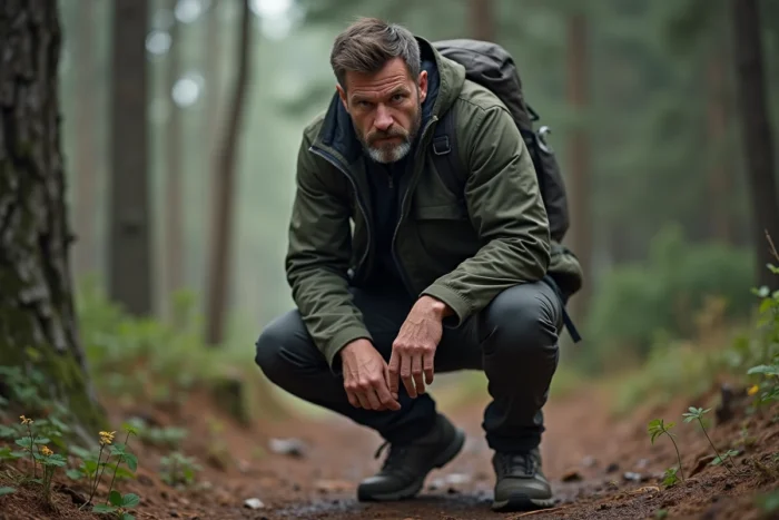 Randonneur accroupi en forêt avec une expression sauvage et affamée évoquant 'un appétit de loup'