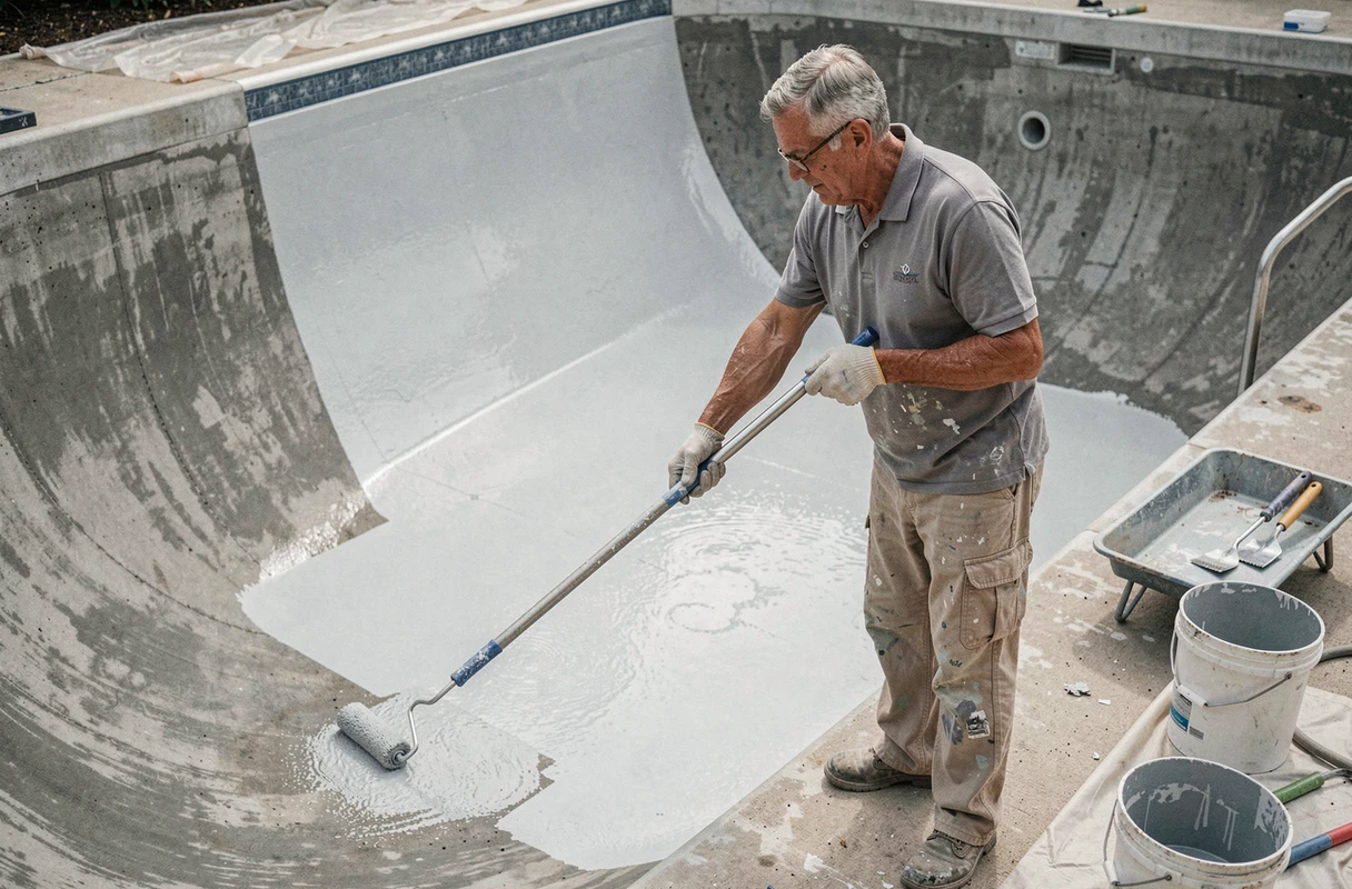 Professionnel appliquant une peinture époxy grise sur les parois en béton d'une piscine vidée en cours de rénovation