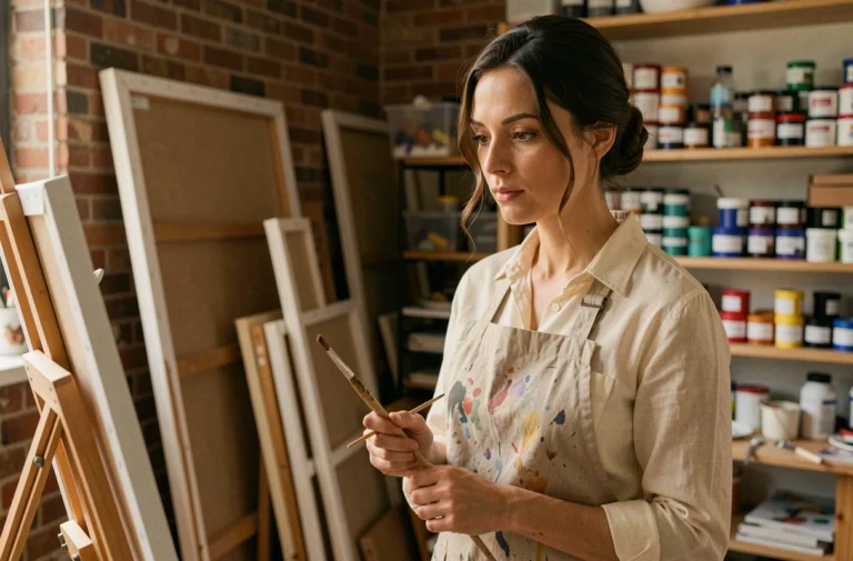 Artiste femme contemplant une toile inachevée dans son atelier de peinture, ambiance créative et intimiste