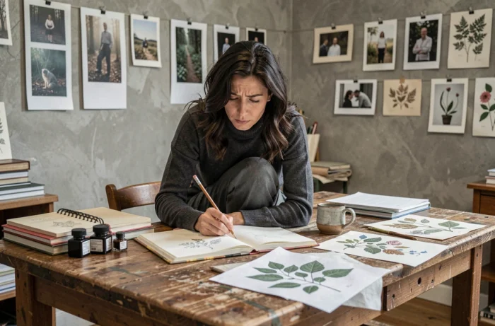 Femme artiste dessinant dans un carnet de croquis dans un studio bibliothèque, atmosphère de travail créatif et studieux