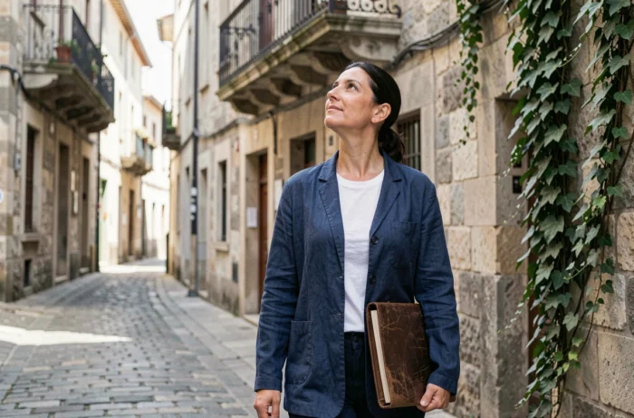 Femme artiste et muse se promenant dans une rue pavée européenne avec un portfolio en cuir, regard inspiré vers l'architecture