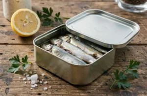Boîte de sardines à l'huile d'olive ouverte sur une table en bois, entourée de citron et de persil frais