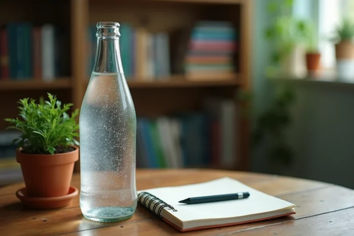 Bouteille d'eau minérale Saint Antonin posée sur une table en bois avec un carnet d'avis consommateurs, illustrant les retours sur l'eau contre la constipation