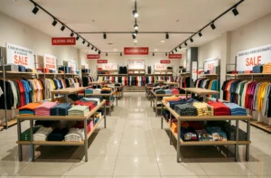 Intérieur d'une boutique de mode Bershka avec des rayons de vêtements colorés et des panneaux de fermeture en français