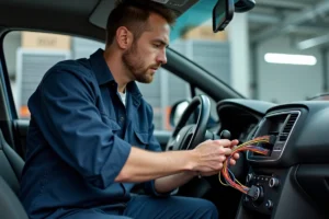 Technicien automobile branchant un faisceau de câbles colorés sur un autoradio Peugeot dans un garage professionnel