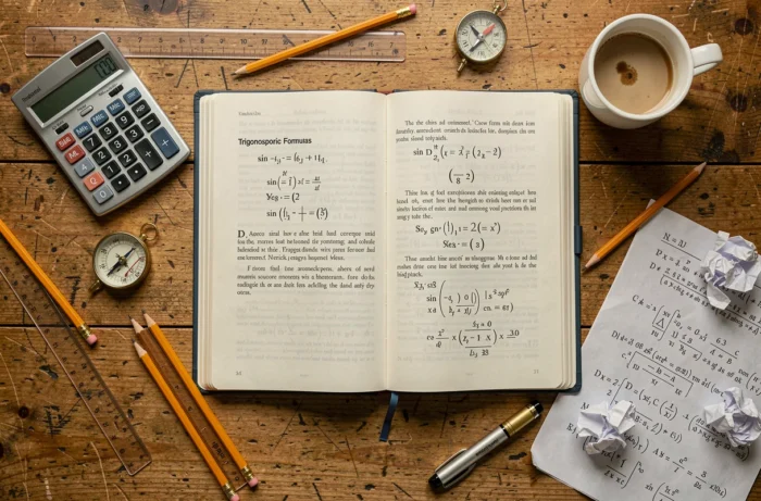 Vue de dessus d'un bureau d'étude avec manuel de trigonométrie et formules sin cos