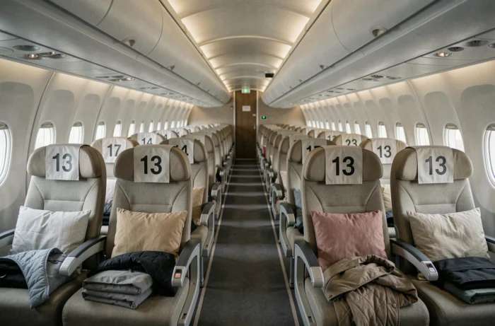 Vue intérieure d'une cabine d'avion vide montrant l'allée centrale avec la rangée 13 vide et les autres rangées occupées autour