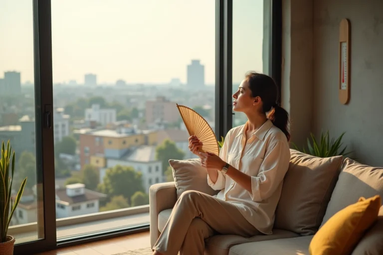 Femme souffrant de la chaleur dans un appartement au dernier étage d'un immeuble en été, thermomètre au mur indiquant une température élevée