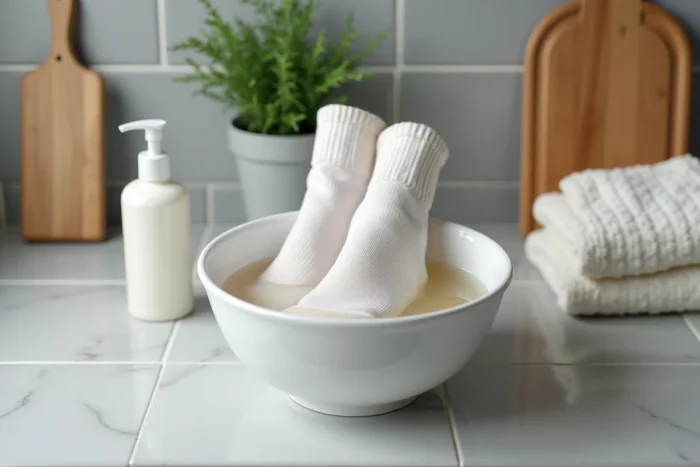 Chaussettes en coton trempées dans un bol d'eau avec un flacon d'après-shampoing pour les assouplir et les élargir