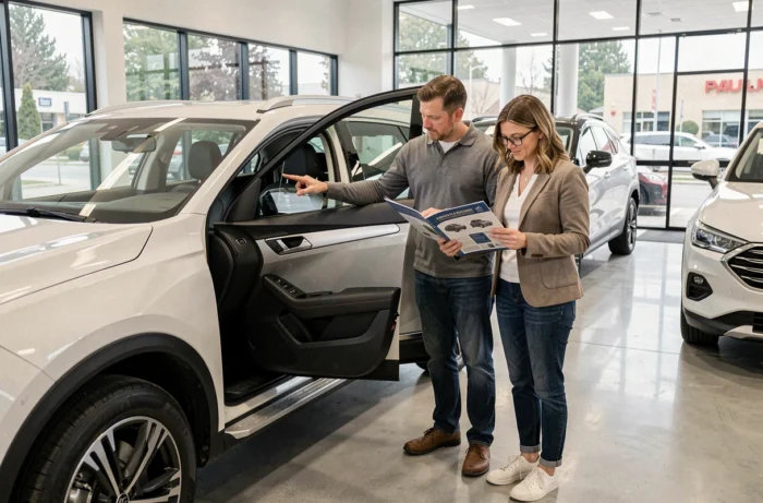 Casal examinando atentamente um SUV branco em uma concessionária moderna