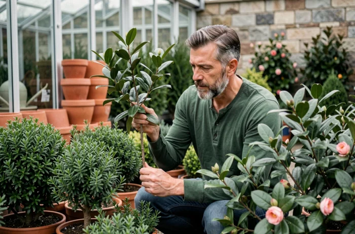 Homme examinant des feuillages en pépinière pour choisir les meilleures variétés destinées à sublimer des arrangements floraux