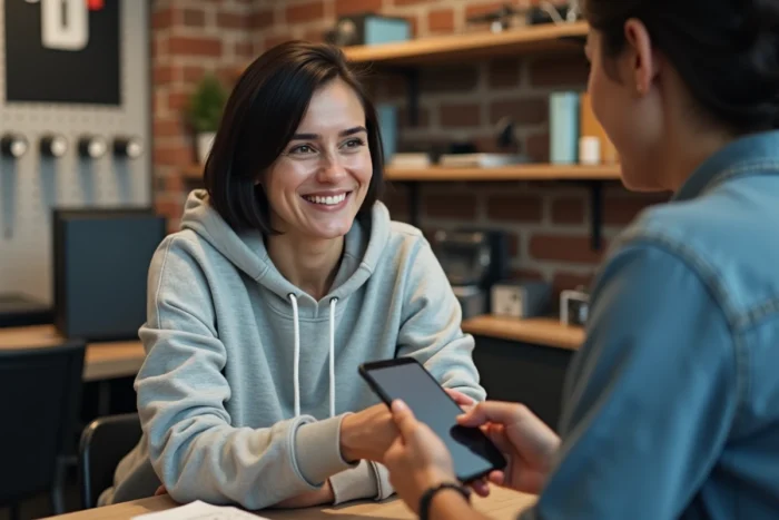 Cliente déposant un smartphone pour réparation dans une boutique de services informatiques à Bordeaux