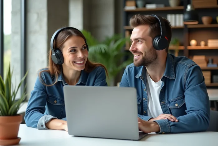 Deux collègues testant des accessoires technologiques innovants dans un espace de démonstration moderne