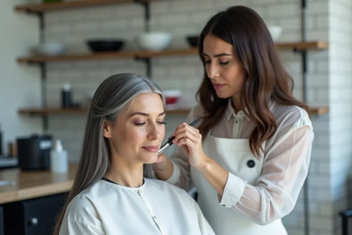 Coloriste professionnelle appliquant la technique grey blending sur une cliente brune dans un salon de coiffure minimaliste