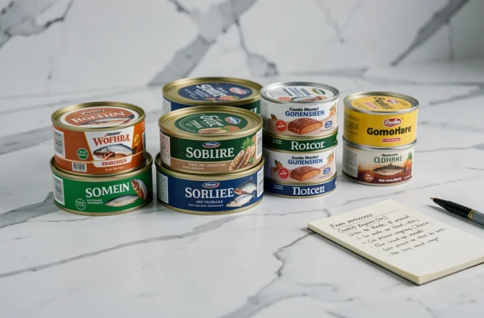 Comparaison de plusieurs marques de sardines en boîte alignées sur un comptoir en marbre blanc