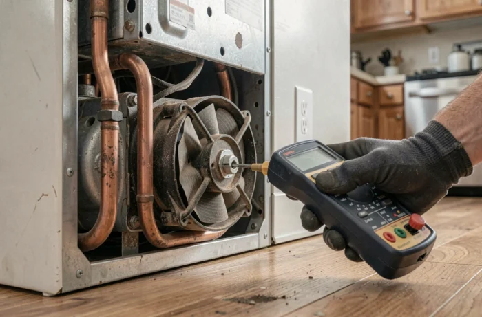 Gros plan sur le compresseur et les composants internes d'un frigo américain lors d'un diagnostic de panne
