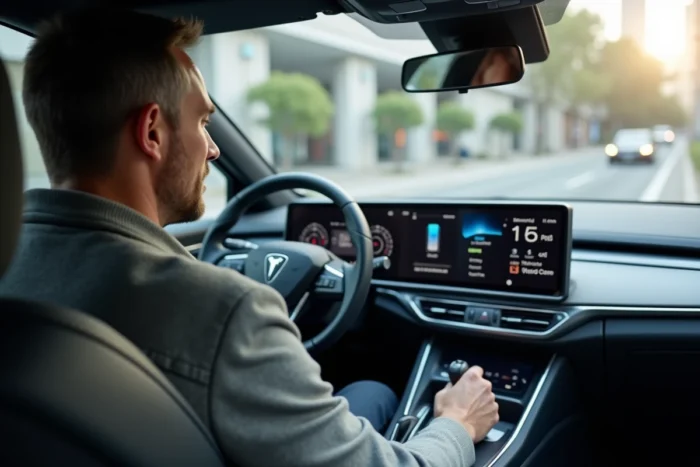 Conducteur en voiture hybride consultant le tableau de bord numérique affichant l'autonomie restante et le niveau de batterie