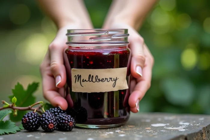 Mains tenant un bocal de confiture de mûres du mûrier platane faite maison posé sur une surface en pierre au jardin