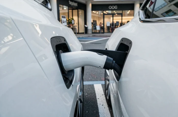 Connecteur de recharge CCS branché sur une Tesla Model 3 dans un parking urbain en France