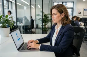 Agente municipale connectée à son espace IntraParis sur ordinateur portable dans un bureau administratif parisien moderne