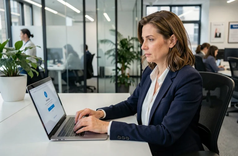 Agente municipale connectée à son espace IntraParis sur ordinateur portable dans un bureau administratif parisien moderne