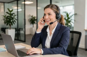 Conseillère en recrutement de Personnel Extra au téléphone dans un bureau professionnel moderne