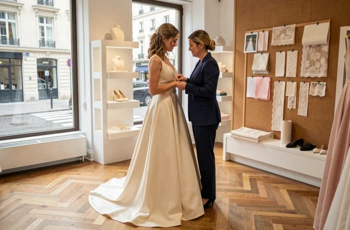 Conseillère en mariage aidant une future mariée à boutonner sa robe de mariée en satin dans un showroom lumineux à Nantes