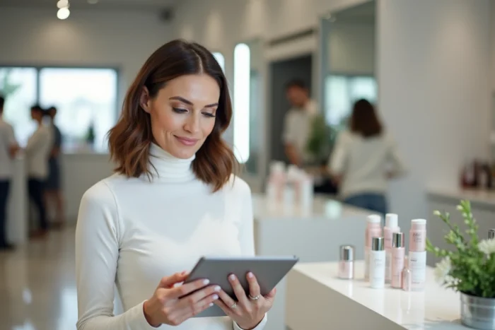 Femme dans un salon de beauté consultant le plan d'un annuaire beauté sur une tablette numérique