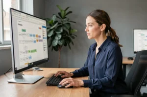 Femme professionnelle consultant un diagramme de sitemap web sur un écran d'ordinateur dans un bureau moderne
