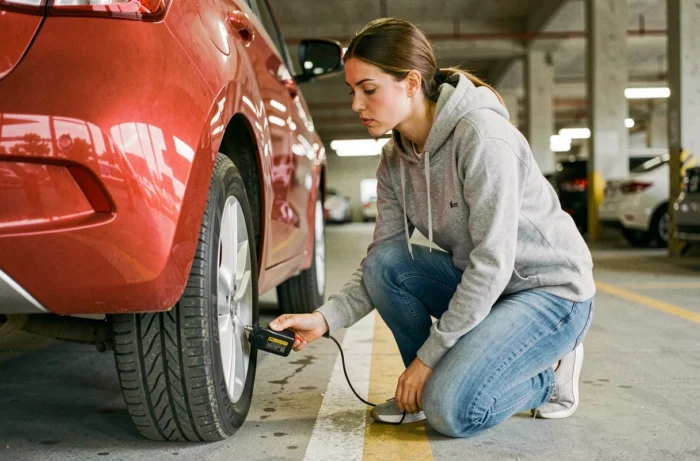 Mulher controlando a pressão dos pneus de seu carro compacto em um estacionamento urbano