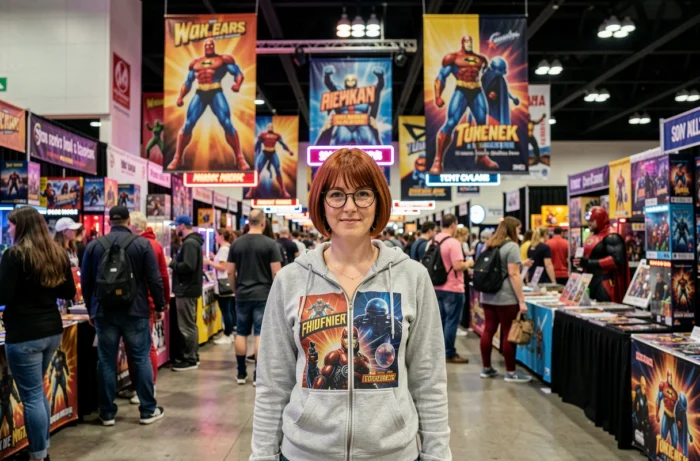 Femme enthousiaste dans une convention pop culture entourée d'affiches et de cosplayers