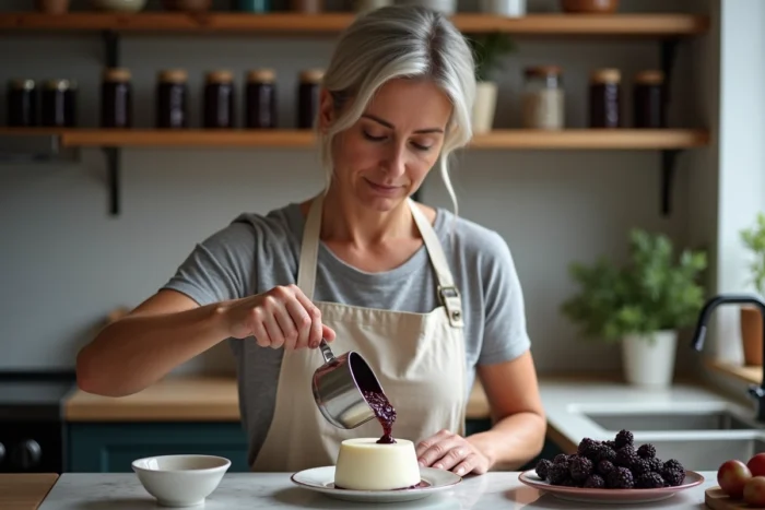 Femme versant un coulis de mûres sur une panna cotta dans une cuisine avec des mûres du mûrier platane