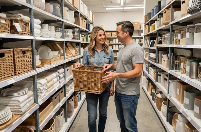 Couple choisissant des accessoires de rangement et d'équipement maison dans un magasin de décoration