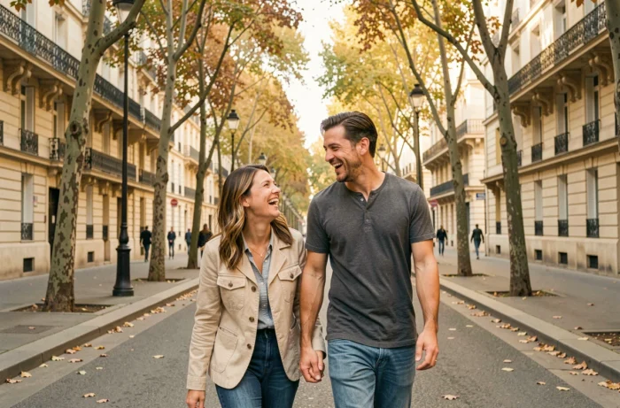 Couple célèbre marchant ensemble dans une avenue parisienne, évoquant la vie publique et personnelle d'Amandine Atalaya et son mari