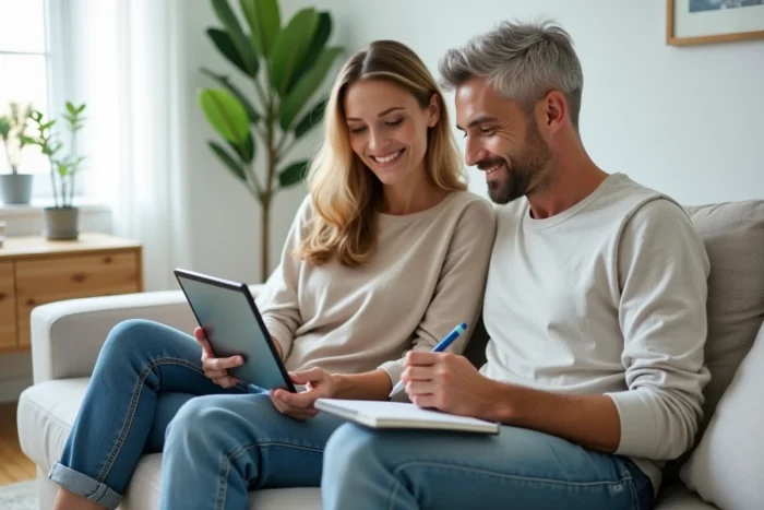 Couple consultant les options d'épargne et les taux du compte à terme Crédit Agricole 2026 sur tablette à domicile