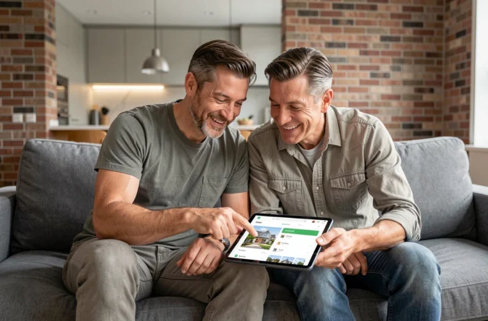 Couple recherchant des offres immobilières en ligne sur une tablette dans leur salon