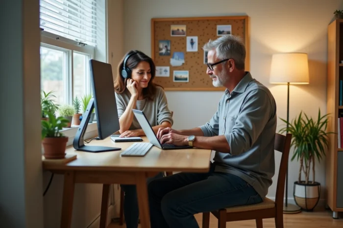 Couple en télétravail partageant un espace de travail à domicile aménagé dans une pièce dédiée