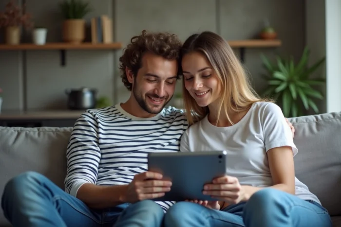 Couple suivant un tutoriel d'activation Netflix avec Canal Plus sur une tablette dans leur appartement