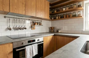Cuisine moderne bien équipée avec électroménager intégré, étagères en bois et plan de travail en béton poli pour une maison pratique
