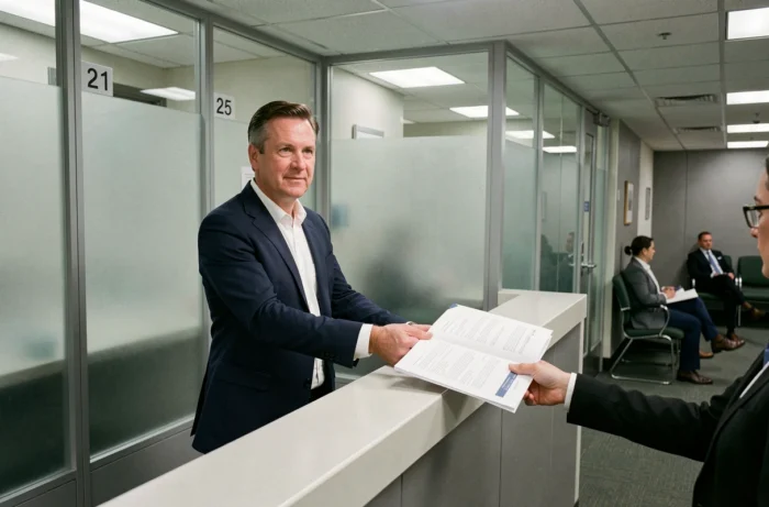 Homme déposant ses documents de demande de visa au guichet d'un consulat