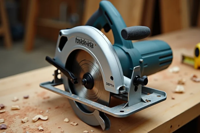 Gros plan sur les détails techniques et fonctionnalités de la scie circulaire Tacklife PES01A posée sur une surface en bois
