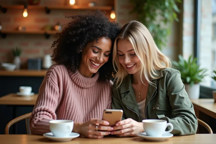 Deux femmes partageant un smartphone pour explorer ensemble un annuaire beauté dans un café moderne