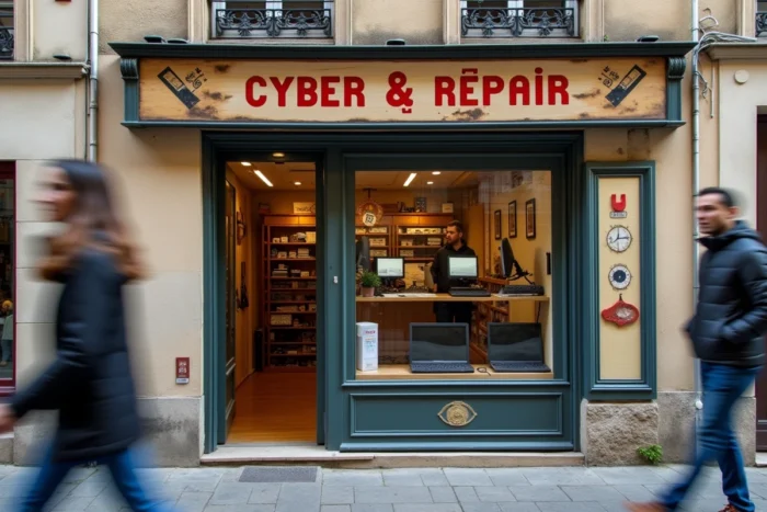 Devanture d'une boutique de réparation informatique et cybercafé dans le quartier de la Victoire à Bordeaux