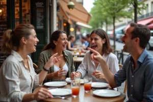 Groupe d'amis autour d'une table de café parisien exprimant la faim de façon amusante et expressive