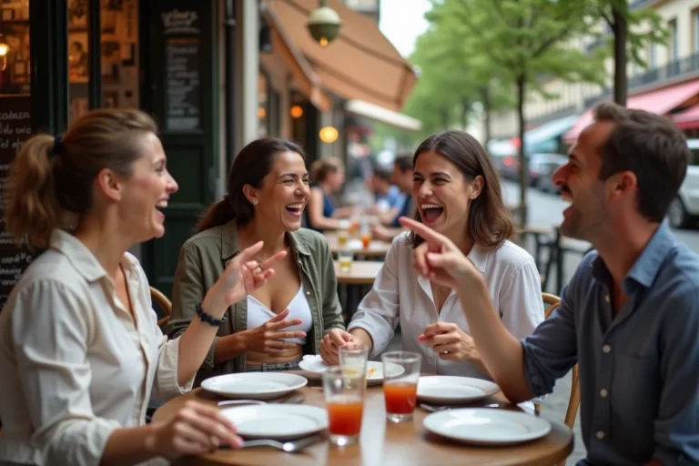 Groupe d'amis autour d'une table de café parisien exprimant la faim de façon amusante et expressive